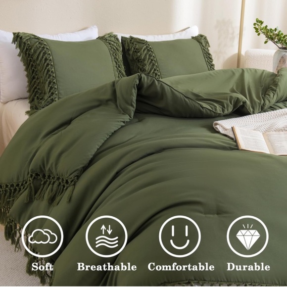Olive green bohemian tassel comforter set 3 pcs king queen - Picture 7 of 8